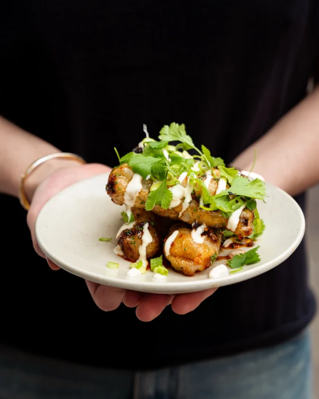 Szechuan style tempura calçots with whipped tahini. Available at lunch and dinner in the wine bar.