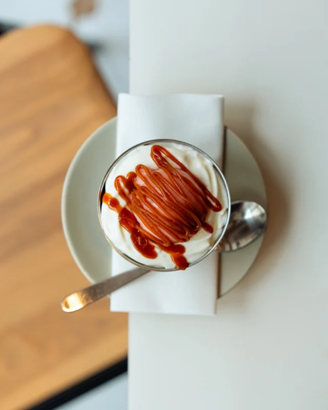 Rhubarb sorbet, yoghurt mousse, brown butter crumble, caramel. Two spoons please.