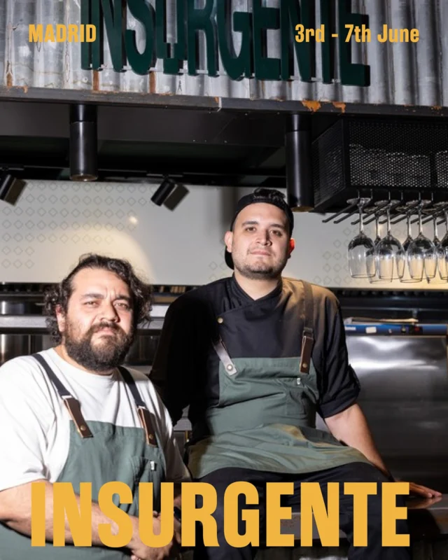 Lauded by the critics at El País and El Mundo, Colombian-Argentine duo Genaro Celia and Agustín Mikielievich are the duo behind white-hot Chamberí market tapas joint, @insurgente.cocina
There, everything is designed to be shared. With friends, with strangers, with sticky fingers and wide eyes. Dishes are served fast, fresh, and frenetic. You eat with your hands, you lean into the noise, and with a menu packed with big-hitters like their ‘Beef short rib ‘tucumana’ empanadas, chimichurri’, ‘Gnocchi, huancaina carbonara, crispy guanciale, coriander oil’; and ‘Mushroom taco, Korean brava sauce, spiced panela’ it’s no wonder Insurgente has become a place of pilgrimage for young madrileños who know where to find the best value eats in the city.
We’ll be doing staggered sittings for this one, offering a short, affordable menu of their Lat Am / Asian-influenced greatest hits. Come hungry, leave noisy. Lauded by the critics at El País and El Mundo, Colombian-Argentine duo Genaro Celia and Agustín Mikielievich are the duo behind white-hot Chamberí market tapas joint, @insurgente.cocina
There, everything is designed to be shared. With friends, with strangers, with sticky fingers and wide eyes. Dishes are served fast, fresh, and frenetic. You eat with your hands, you lean into the noise, and with a menu packed with big-hitters like their ‘Beef short rib ‘tucumana’ empanadas, chimichurri’, ‘Gnocchi, huancaina carbonara, crispy guanciale, coriander oil’; and ‘Mushroom taco, Korean brava sauce, spiced panela’ it’s no wonder Insurgente has become a place of pilgrimage for young madrileños who know where to find the best value eats in the city.
We’ll be doing staggered sittings for this one, offering a short, affordable menu of their Lat Am / Asian-influenced greatest hits. Come hungry, leave noisy.